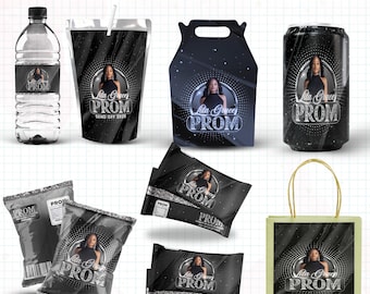 Paquetes de obsequios para despedida de graduación, paquete de plantillas de graduación en negro y plateado, paquete de fiesta de despedida de graduación, obsequios para despedida de graduación, etiquetas de agua, bolsa de papas fritas de graduación