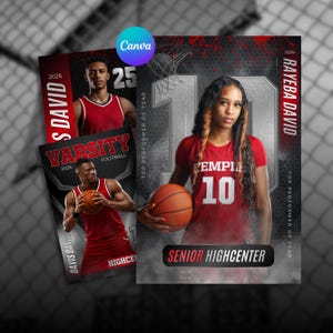 Peut inclure: Graphiques sur le thème du sport avec des joueurs de basket-ball et de football. L'image principale présente une joueuse de basket-ball en maillot rouge avec le numéro 10, tenant un ballon. Le texte comprend "SENIOR HIGHCENTER" et "RAYEBA DAVID".