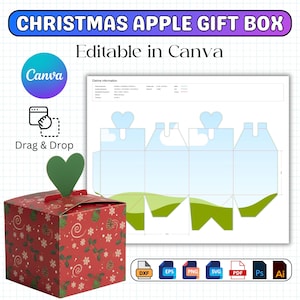 Puede incluir: Una caja de regalo de Navidad con forma de manzana, de color rojo, con un cierre en forma de corazón verde. La caja tiene un patrón festivo de copos de nieve y piñas. La imagen también muestra una plantilla para la caja, con el texto "CHRISTMAS APPLE GIFT BOX" y "Editable in Canva".