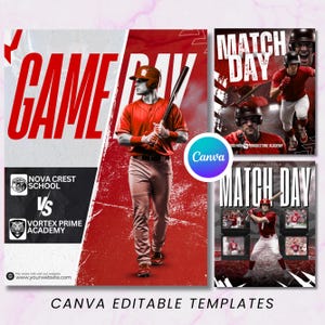 May include: A baseball-themed graphic with the words "GAME DAY" in large red letters. A baseball player in a red uniform is holding a bat. The image includes the text "NOVA CREST SCHOOL vs VORTEX PRIME ACADEMY" and "CANVA EDITABLE TEMPLATES".
