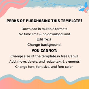May include: A digital template information graphic with a light peach background, blue and pink wavy borders, and a butterfly illustration. The text lists perks including download in multiple formats, no time limits, and editing capabilities for text and backgrounds.