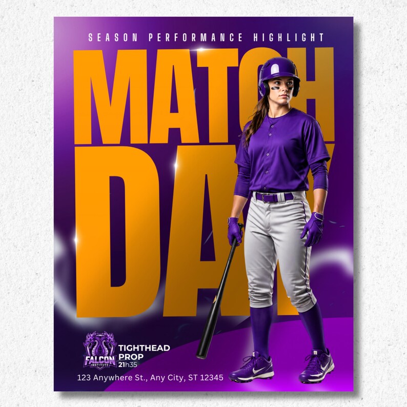 Puede incluir: Un jugador de b&eacute;isbol con camiseta morada, pantalones grises, guantes de bateo morados y casco morado, sosteniendo un bate negro. El fondo muestra el texto naranja MATCH DAY, el texto SEASON PERFORMANCE HIGHLIGHT y un logotipo de equipo.