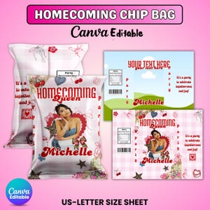 Könnte beinhalten: Ein anpassbares Homecoming-Chip-Bag-Design mit dem Text "HOMECOMING QUEEN" und "Michelle". Das Design enthält ein Foto, Herzen, Sterne und Schleifen. Die Wörter "Canva Editable" und "US-LETTER SIZE SHEET" sind ebenfalls sichtbar.