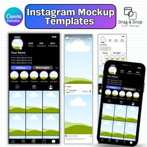 Puede incluir: Plantillas de maquetas de Instagram con una interfaz en blanco y negro, que presenta una página de perfil, publicaciones e historias. El diseño incluye el texto "Instagram Mockup Templates", "Canva Editable" y "Drag & Drop Your Design".