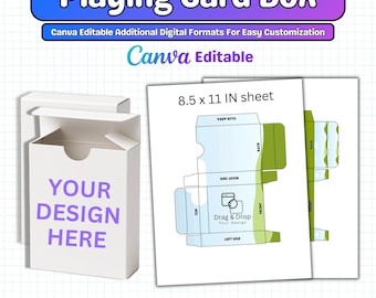 May include: A white playing card box with the text "YOUR DESIGN HERE" in purple. The image also shows a template for the box, labeled "8.5 x 11 IN sheet", and various digital file format icons. The top banner reads "Playing Card Box".