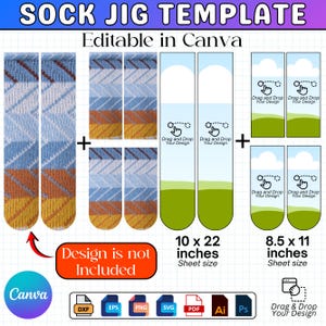 Może przedstawiać: Cyfrowy szablon do skarpet z tekstem "SOCK JIG TEMPLATE" i "Editable in Canva". Projekt zawiera szablony skarpet z niebieskimi, pomarańczowymi i żółtymi wzorami oraz szablony do projektowania metodą przeciągnij i upuść. Rozmiary arkuszy to 25,4 x 55,88 cm i 21,59 x 27,94 cm.