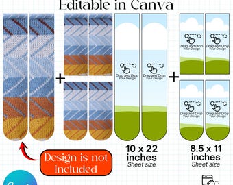 May include: A digital sock jig template with the text "SOCK JIG TEMPLATE" and "Editable in Canva". The design includes sock templates, with the text "Drag and Drop Your Design". The sheet sizes are 10 x 22 inches and 8.5 x 11 inches.