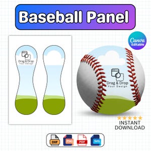 May include: A baseball design template with the text "Baseball Panel". The image includes a baseball, two teardrop-shaped designs, and file format icons. The baseball has red stitching and a green and blue design. The text "Drag & Drop Your Design" is also present.