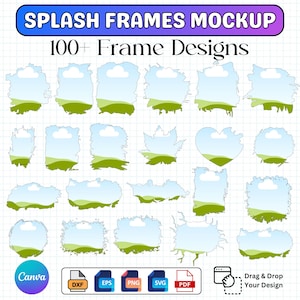 Può includere: Una collezione digitale intitolata SPLASH FRAMES MOCKUP 100+ Frame Designs che presenta varie forme irregolari, organiche e geometriche riempite con una grafica di cielo azzurro e paesaggio verde, inclusi icone di formato file e trascinamento.
