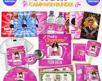 Pink Prom Send Off Treat Template, Canva Editable Prom Queen Party Favor Bundle, Chip Bag,Candy Card, Lollipop Tag,Class of 2026 Event Decor