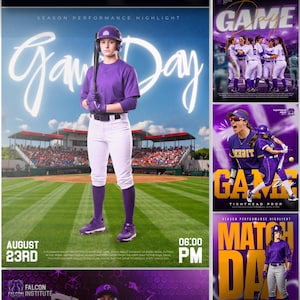 Puede incluir: Un collage de gr&aacute;ficos deportivos con atletas en uniformes morados. Una imagen muestra a un jugador con camiseta morada, pantalones blancos y casco sosteniendo un bate en un campo de b&eacute;isbol. Otros paneles muestran fotos de equipo, un jugador con camiseta morada con texto amarillo y un jugador con camiseta morada y pantalones grises.