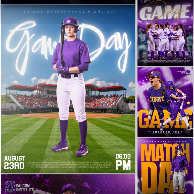 Puede incluir: Un collage de gr&aacute;ficos deportivos con atletas en uniformes morados. Una imagen muestra a un jugador con camiseta morada, pantalones blancos y casco sosteniendo un bate en un campo de b&eacute;isbol. Otros paneles muestran fotos de equipo, un jugador con camiseta morada con texto amarillo y un jugador con camiseta morada y pantalones grises.