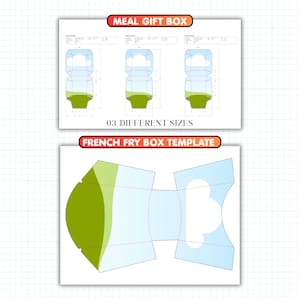 May include: Diagrams of a meal gift box and a French fry box template. The meal gift box design has a blue sky and green grass design. The French fry box template is a flat, unfolded design with green and blue colours.