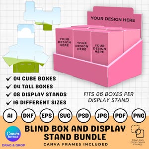 Puede incluir: Un expositor rosa con seis cajas, cada una con la etiqueta "YOUR DESIGN HERE". La imagen incluye diagramas de cajas cúbicas y altas, e iconos de varios formatos de archivo. El texto dice "BLIND BOX AND DISPLAY STAND BUNDLE."