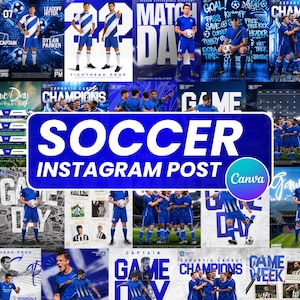 Puede incluir: Una colección de plantillas digitales para publicaciones de Instagram sobre fútbol, con esquemas de colores azul y blanco, varias fotos de acción de jugadores, gráficos de equipos, calendarios de partidos y tipografía llamativa.