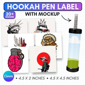 May include: A digital product set featuring Hookah Pen Label With Mockup text, including 20+ designs like a Statue of Liberty, a brain grenade, and a skeleton samurai. The set includes labels measuring 4.5 x 2 inches and 4.5 x 4.5 inches.