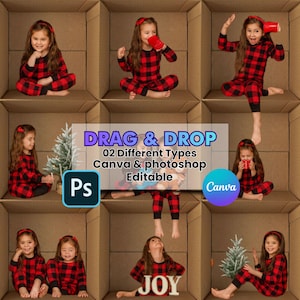 以下が含まれることがあります： 赤と黒のチェック柄のパジャマと、お揃いのヘアバンドを身に着けた若い人の画像コラージュ。画像は段ボール箱のコンパートメントに配置されています。画像内のテキストは「DRAG & DROP」と「02 Different Types Canva & photoshop Editable」と表示されています。