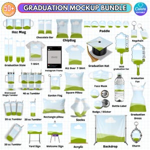May include: A set of 50 graduation themed mockups for various products, including a 20 oz tumbler, a 40 oz tumbler, a distressed single tumbler, a chip bag, a t-shirt, a garden flag, a square pillow, a face mask, a bottle label, a badge, a sticker, a keychain, a graduation hat, a graduation fan, a graduation dress, a yard sign, a welcome sign, a backdrop, a charm, a paddle, a graduation stole, an acrylic sign, a rectangle pillow, socks, and an Iloz mug. The mockups feature a green and blue landscape with a white cloud.