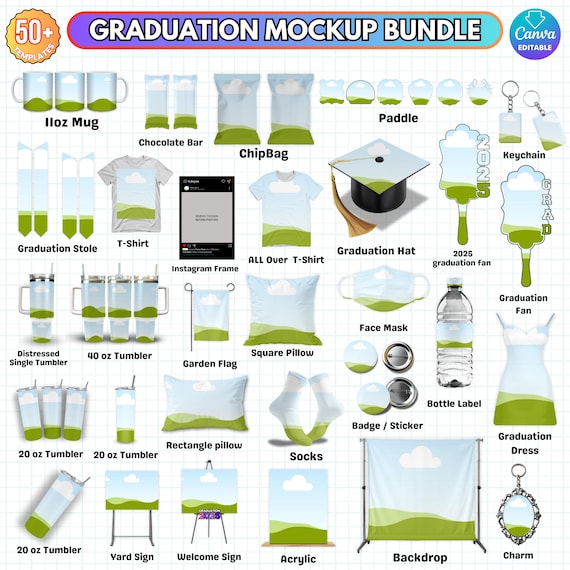 Graduation Mockup bundle Template, Graduation Stole, Canva Graduation Gift Set Mockup Bundle, Grad Paddle Fan Template, Bundle Template