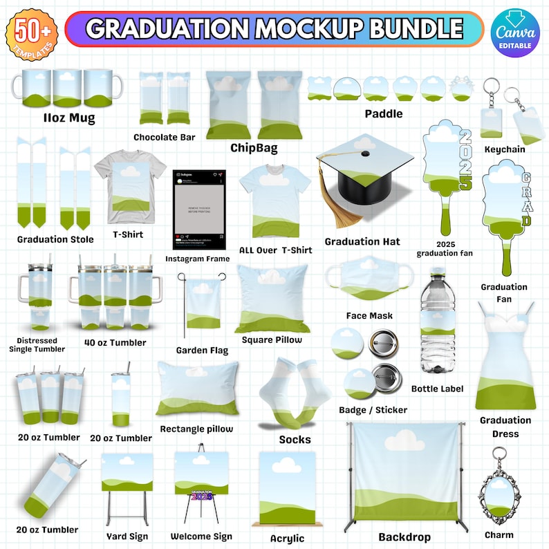 May include: A set of 50 graduation themed mockups for various products, including a 20 oz tumbler, a 40 oz tumbler, a distressed single tumbler, a chip bag, a t-shirt, a garden flag, a square pillow, a face mask, a bottle label, a badge, a sticker, a keychain, a graduation hat, a graduation fan, a graduation dress, a yard sign, a welcome sign, a backdrop, a charm, a paddle, a graduation stole, an acrylic sign, a rectangle pillow, socks, and an Iloz mug. The mockups feature a green and blue landscape with a white cloud.