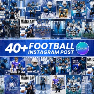 May include: A digital collection of over 40 blue-themed football Instagram post templates featuring various athletic imagery, player portraits, match day schedules, and bold typography with the text 40+ FOOTBALL INSTAGRAM POST.