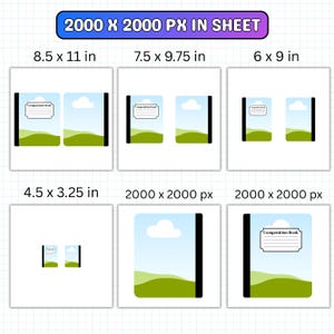 May include: A digital sheet displaying various composition book cover designs with a landscape illustration of green hills, a blue sky, and a white cloud. The sheet includes labels for sizes 8.5 x 11 in, 7.5 x 9.75 in, 6 x 9 in, 4.5 x 3.25 in, and 2000 x 2000 px.