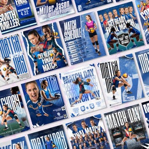 May include: A collection of volleyball match day posters. The posters feature action shots of volleyball players, team photos, and match schedules. The color scheme is primarily blue and white, with some accents of pink and yellow. Text includes "Match Day" and team names.