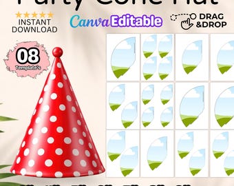 Party Cone Hat Template 8 Size Bundle Editable Canva Party Hat Template, DIY Printable Party Cone Hat, Hat Template, Birthday Hat Template
