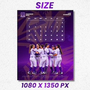 Puede incluir: Un gr&aacute;fico de calendario digital en tonos morados que muestra a cinco jugadoras de s&oacute;ftbol con uniformes blancos a rayas y detalles morados. El dise&ntilde;o incluye una cuadr&iacute;cula mensual y el texto "TIGHTHEAD PROP" y "LIVE STANDINGS" arriba.