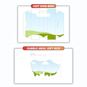 May include: Two die-cut packaging templates are displayed. The top one, labelled "HOT DOG BOX", has a landscape design with a blue sky and green hills. The bottom template, labelled "GABBLE MEAL GIFT BOX", features a similar landscape design.