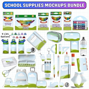 May include: A selection of school supplies mockups, including coloured markers, crayons, pencils, and Expo markers. The image also features water bottles, notebooks, pencil cases, backpacks, and other stationery items. The items have a sky and grass design.