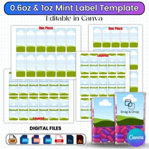 May include: A digital template for 0.6oz and 1oz mint labels, editable in Canva. The design includes multiple label layouts labeled "One Piece" and "Layered", with a landscape graphic. The image also shows a mint container with a label design. Digital file formats include DXF, EPS, PNG, SVG, PDF, Ps, and Ai.