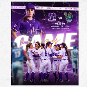 Puede incluir: Un folleto deportivo digital para un partido de b&eacute;isbol con una jugadora en camiseta y gorra moradas, y un grupo con uniformes de rayas blancas. El texto incluye SOPHIA TAYLOR, FALCON INSTITUTE, DIAMOND KINGS, 06:00 PM, MONDAY. 09. 2026 y GAME DAY.