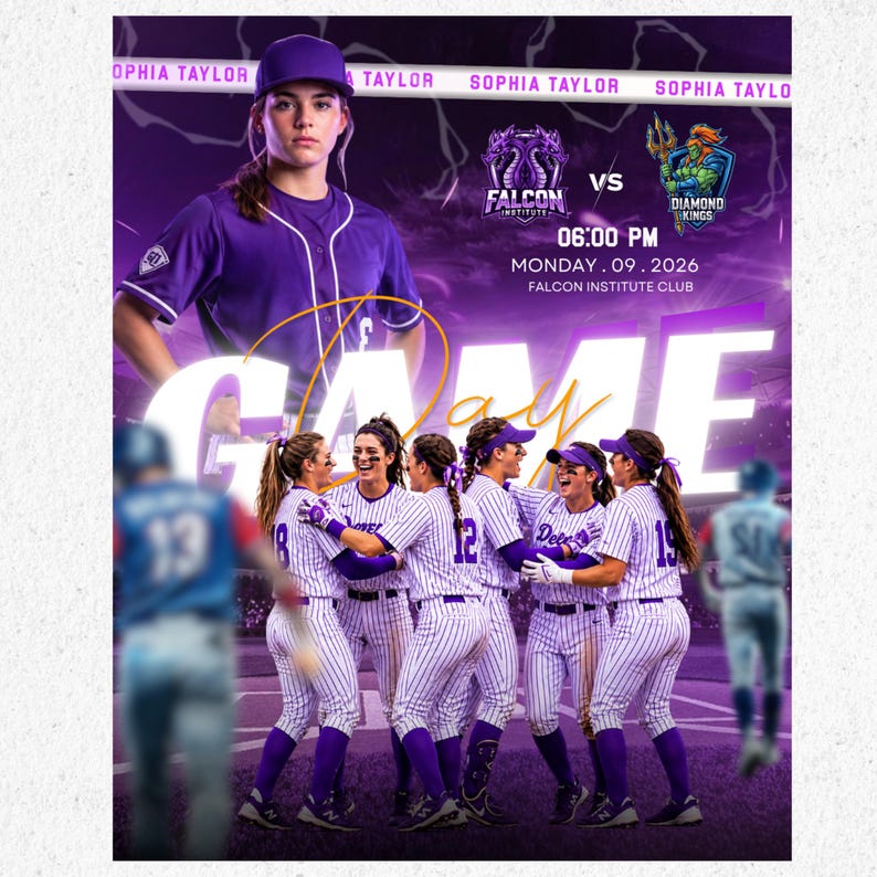 Puede incluir: Un folleto deportivo digital para un partido de b&eacute;isbol con una jugadora en camiseta y gorra moradas, y un grupo con uniformes de rayas blancas. El texto incluye SOPHIA TAYLOR, FALCON INSTITUTE, DIAMOND KINGS, 06:00 PM, MONDAY. 09. 2026 y GAME DAY.