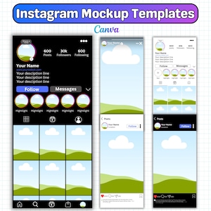 Peut inclure: Trois modèles de maquette Instagram avec un design épuré et moderne. Les modèles présentent une palette de couleurs noir et blanc avec des accents bleus et verts. Le texte "Instagram Mockup Templates" et "Canva" est affiché en haut.