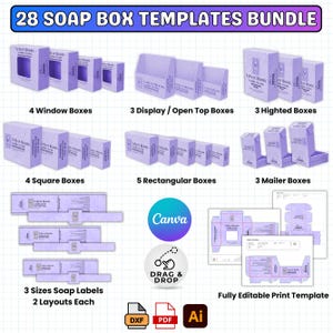 May include: A bundle of 28 soap box templates in various styles, including window, display, and mailer boxes. The templates are in a light purple color and include soap labels. The image also shows Canva and drag & drop icons.