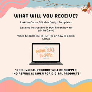 May include: A digital product listing graphic featuring a laptop displaying the text MAGIC CLICK DESIGNS. The text reads WHAT WILL YOU RECEIVE?, Links to Canva Editable Design Templates, Detailed instructions in PDF file, and Video tutorials link.