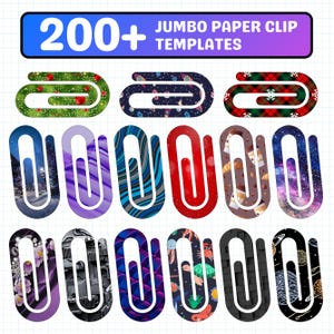 May include: A collection of jumbo paper clip templates with various designs, including Christmas, space, plaid, winter scenes, and abstract patterns. The text "200+ JUMBO PAPER CLIP TEMPLATES" is displayed at the top in a blue and purple banner.