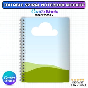 Puede incluir: Maqueta de cuaderno de espiral con un diseño de paisaje azul y verde. El cuaderno presenta un gráfico de nube blanca y el texto "Canva Editable". El cuaderno está encuadernado con una espiral plateada y tiene el texto "Editable Spiral Notebook Mockup".
