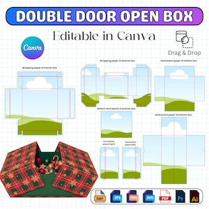May include: A diagram of a double door open box design, editable in Canva, with a drag and drop feature. The design includes wrapping paper and hard board templates, with a finished box example filled with ornaments. File formats include DXF, EPS, PNG, SVG, PDF, Ps, and Ai.