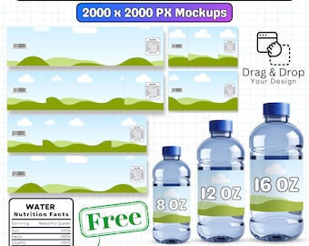 8Oz, 12Oz, 16Oz Water Bottle Label Mockup Templates, Mockup, Customizable Canva Bottle Mockup, Water Bottle Branding Mockup, Party Favors