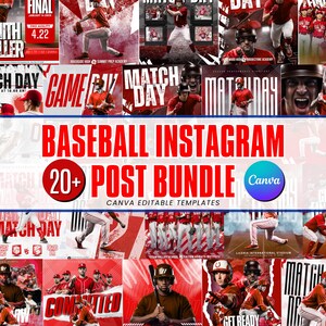 May include: A collage of baseball-themed Instagram post templates. The design features red and white graphics with baseball players in action. Text includes "Baseball Instagram 20+ Post Bundle" and "Canva Editable Templates."