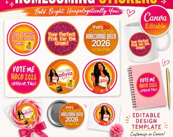 Homecoming Queen Sticker Bundle,Thats So Vote For Me Campagin Party Favor DIY Canva Sticker Button Wrap Label, Editable Digital Download