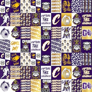 May include: A collage fabric print featuring purple and gold sports themes. Elements include bulldog mascots, footballs, the letter C, and text such as "Capture the Greatness," "Champions," "Gameday," "Built to Stand Out," and "All Eyes on Us."