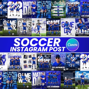 Könnte beinhalten: Eine Sammlung von blau-weißen Instagram-Post-Vorlagen zum Thema Fußball mit verschiedenen Layouts von Spielern in blauen Trikots, Fußbällen, Stadionhintergründen und auffälliger Typografie mit Phrasen wie Match Day und Game Day.