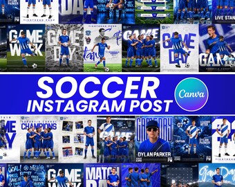 Modelli per social media di calcio su Canva, profilo giocatore, kit atleta per torneo di squadra, pacchetto di grafica di marketing sportivo modificabile, programma della giornata di gioco