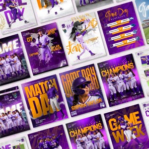 Puede incluir: Una colecci&oacute;n de carteles deportivos con jugadores de b&eacute;isbol en uniformes morados y blancos, con tipograf&iacute;a audaz en amarillo y blanco que muestra textos como Game Day, Match Day y Champions, junto a calendarios y nombres.