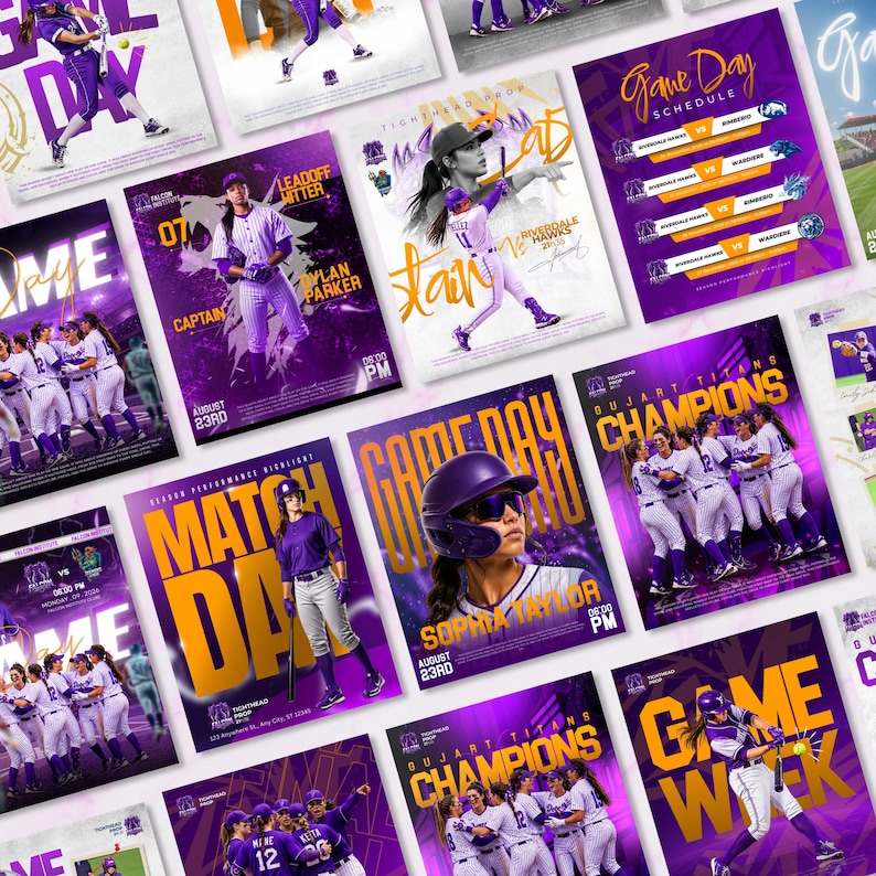 Puede incluir: Una colecci&oacute;n de carteles deportivos con jugadores de b&eacute;isbol en uniformes morados y blancos, con tipograf&iacute;a audaz en amarillo y blanco que muestra textos como Game Day, Match Day y Champions, junto a calendarios y nombres.
