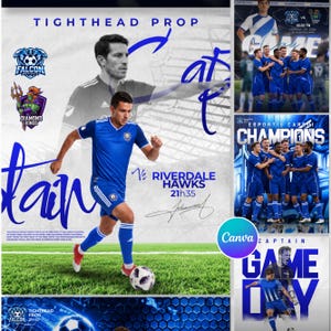 May include: A digital sports poster featuring a soccer player in a blue uniform dribbling a ball on a green field. Text includes TIGHTHEAD PROP, VS RIVERDALE HAWKS 21h35, and various team logos like Falcon Institute and Diamond Kings.
