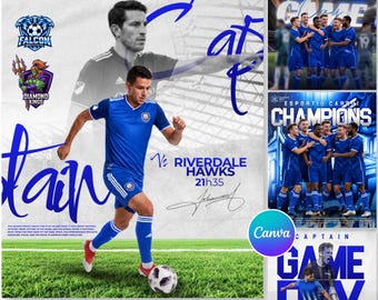 Modelli per social media di calcio su Canva, profilo giocatore, squadra, torneo, kit atleta, pacchetto di grafica di marketing sportivo modificabile, calendario della giornata di gara